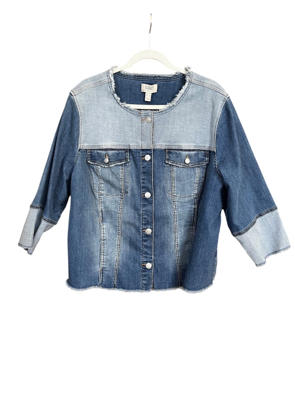LOGO Blue Patchwork 3/4 Sleeve Frayed Edge Stretch Denim Jacket Size 24W